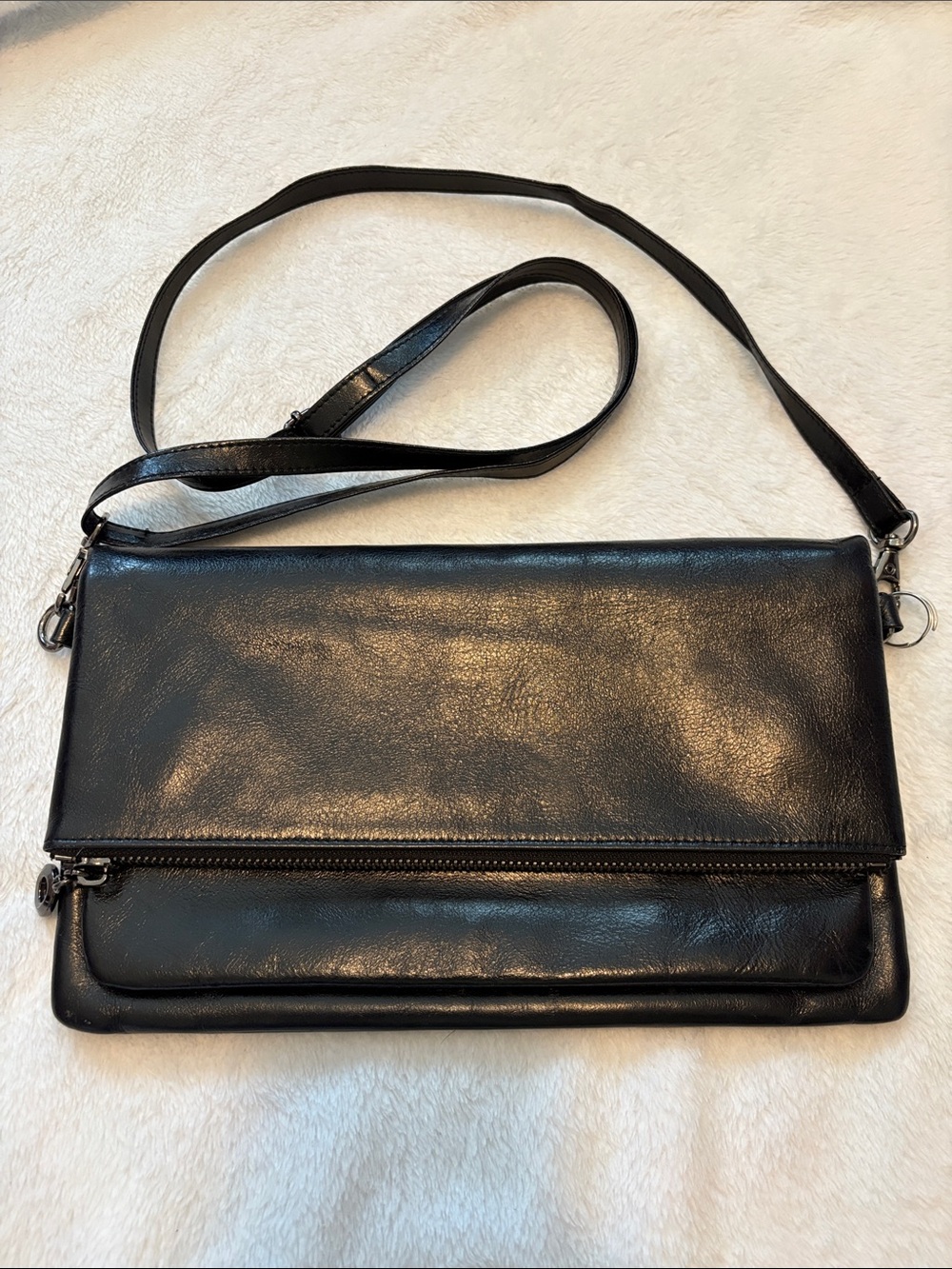 Lecxci Black Leather Fold Over, Crossbody Clutch Bag